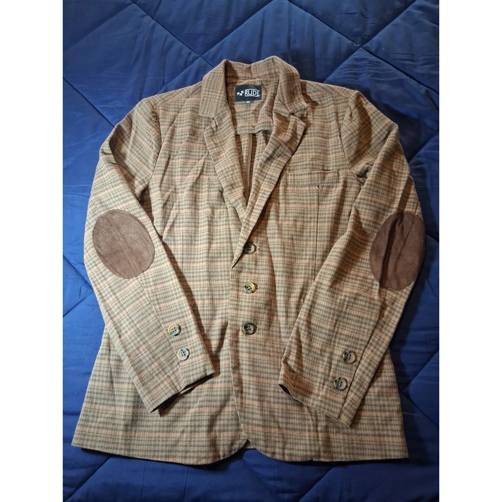 Rude XXX‎ Mens Brown Plaid Blazer Jacket with Elbow Patches Size Medium Academic